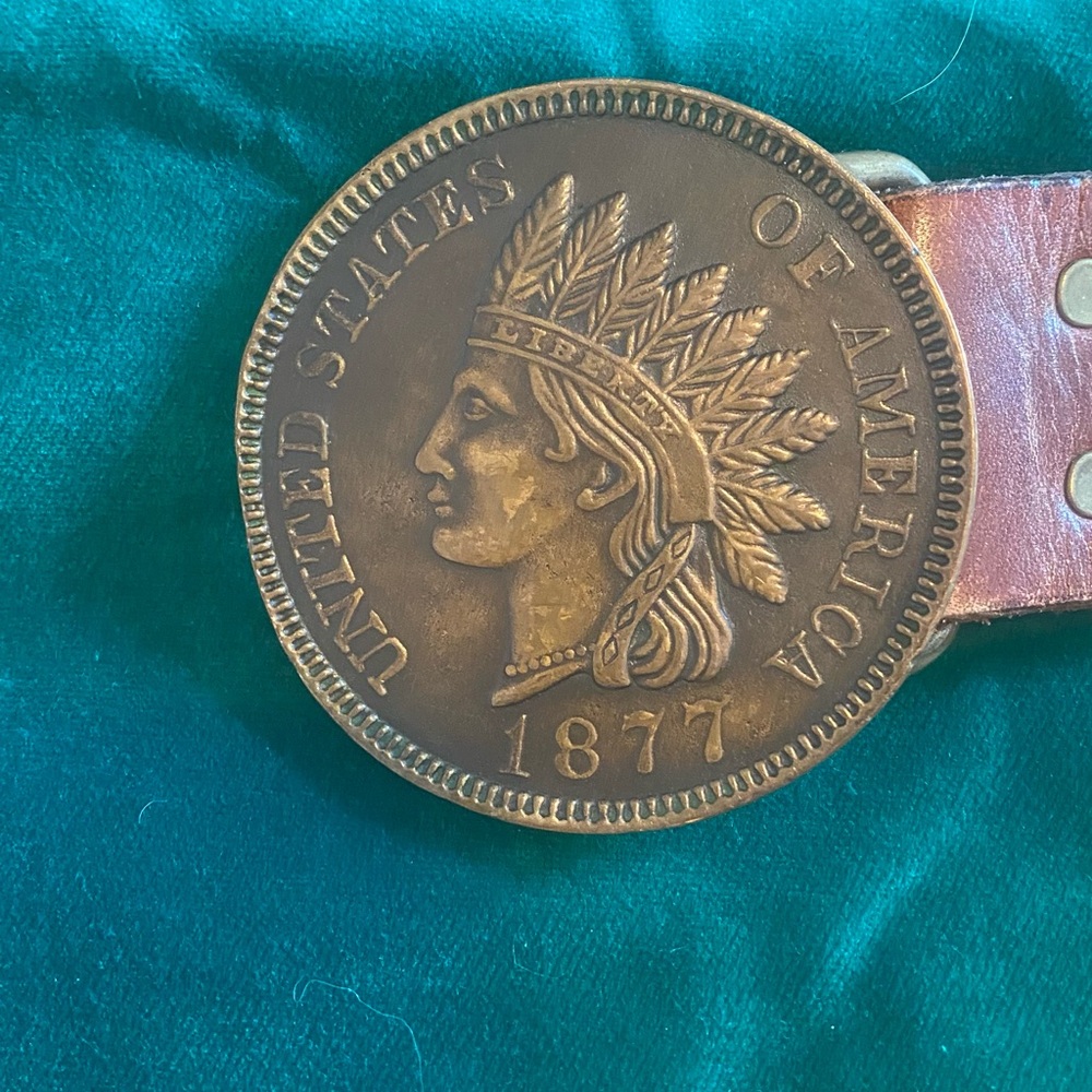 Source Unknown Brown Leather Belt with Large Antique Bronze Coin Buckle